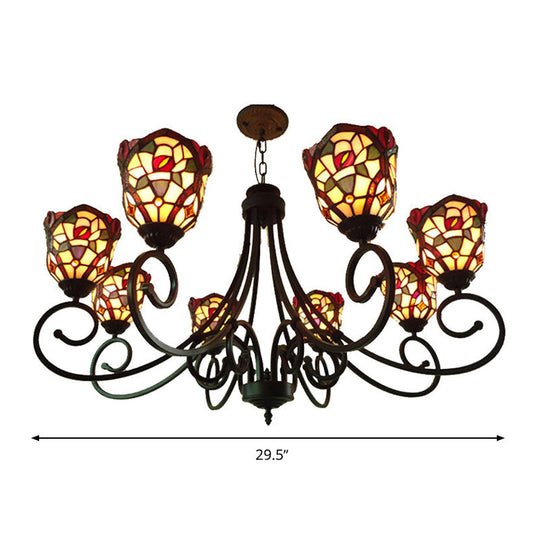 Victorian Cut Glass Arched Chandelier - 8-Light Red/Yellow/Dark Red Pendant Lamp for Living Room