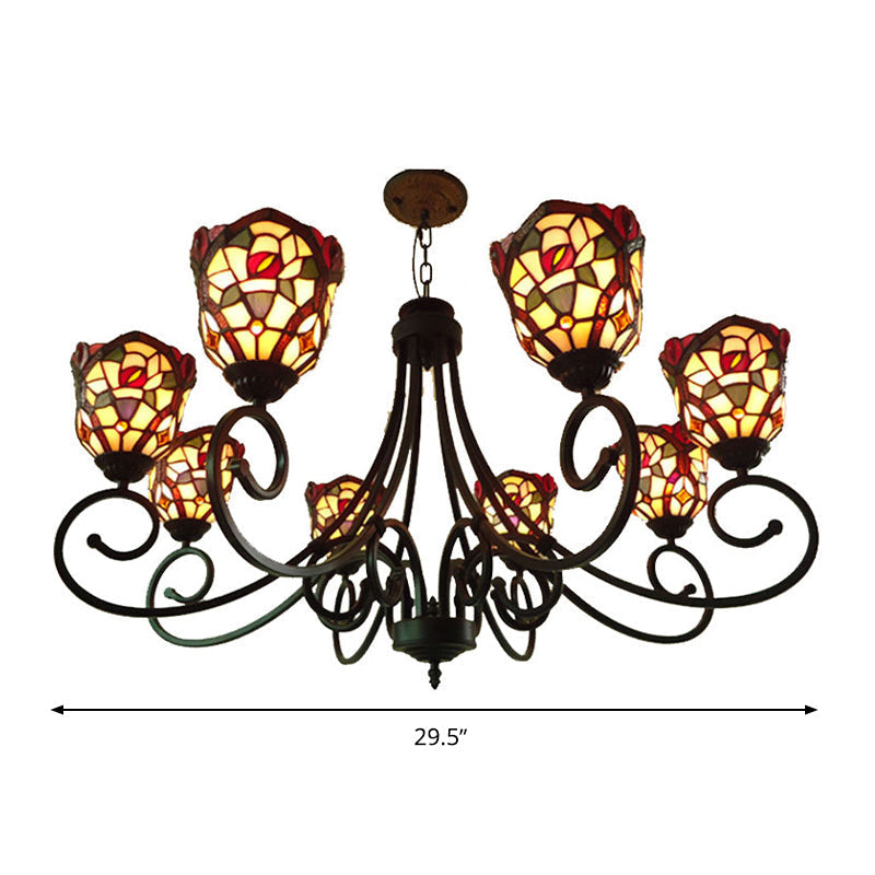 Victorian Cut Glass Arched Chandelier - 8 Lights Red/Yellow/Dark Red Living Room Pendant Lamp