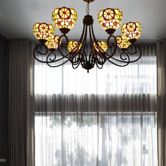 Victorian Cut Glass Arched Chandelier - 8-Light Red/Yellow/Dark Red Pendant Lamp for Living Room