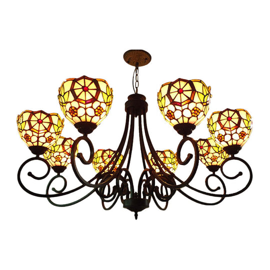 Victorian Cut Glass Arched Chandelier - 8-Light Red/Yellow/Dark Red Pendant Lamp for Living Room