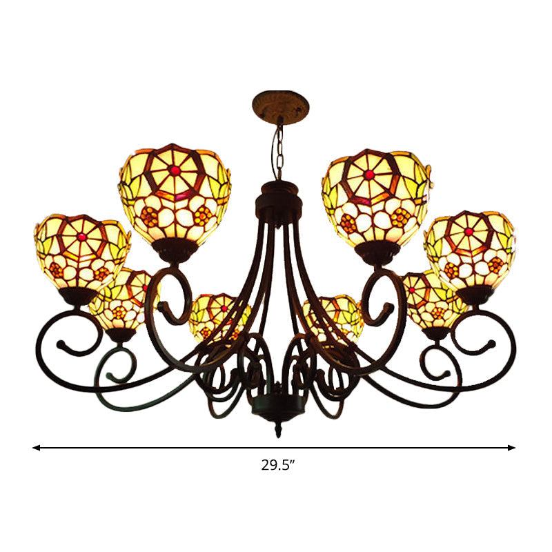 Victorian Cut Glass Arched Chandelier - 8-Light Red/Yellow/Dark Red Pendant Lamp for Living Room