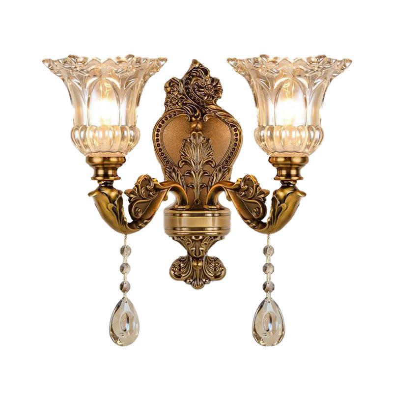 Vintage Floral Wall Sconce With Beveled Crystal Prism And Brass Finish