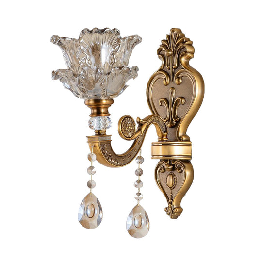 Traditional Brass Wall Sconce With Blossom Water Glass Shade - Ideal Living Room Lighting Fixture