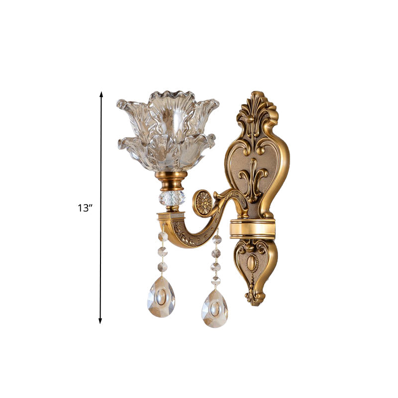 Traditional Brass Wall Sconce With Blossom Water Glass Shade - Ideal Living Room Lighting Fixture