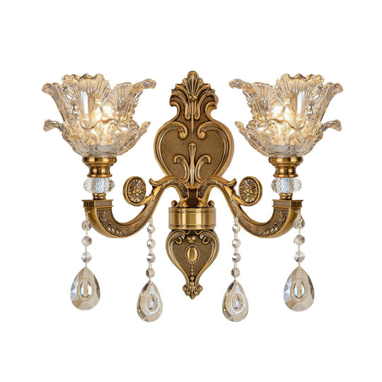 Traditional Brass Wall Sconce With Blossom Water Glass Shade - Ideal Living Room Lighting Fixture 2