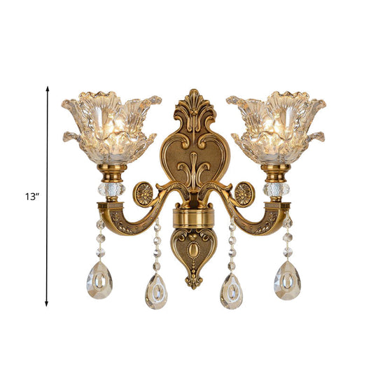 Traditional Brass Wall Sconce With Blossom Water Glass Shade - Ideal Living Room Lighting Fixture