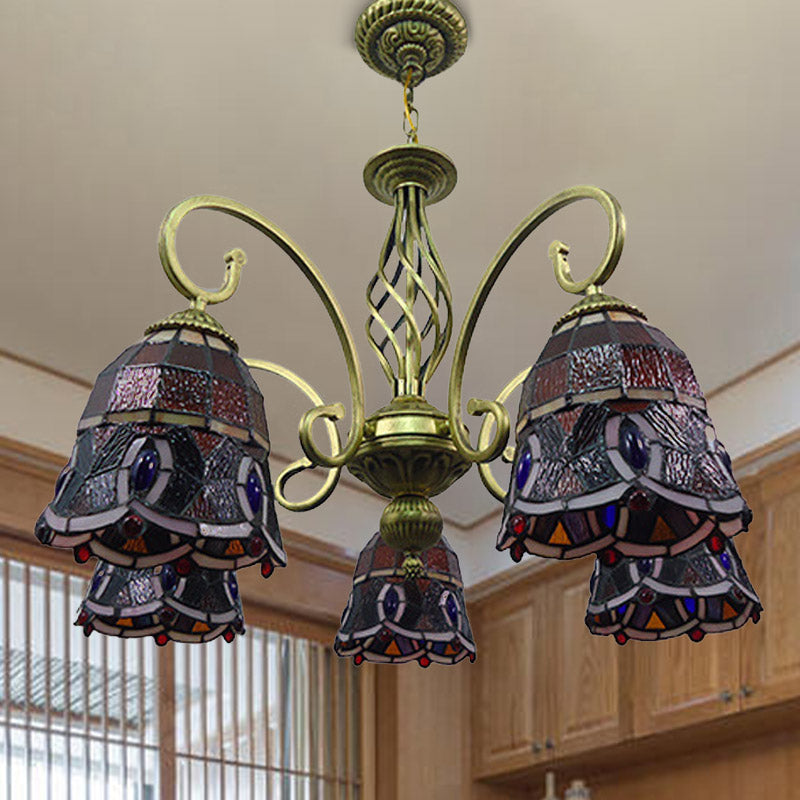 Mediterranean Scrolling Arm Chandelier Lamp: Hand Cut Glass 5 Lights Red/Yellow/Blue Ceiling Pendant