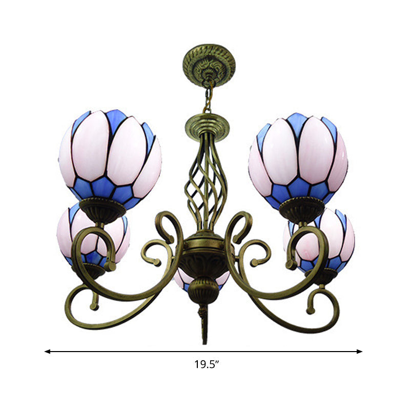 Mediterranean Glass Arm Chandelier Lamp - Hand Cut, Scrolling Design - 5-Light Red/Yellow/Blue Pendant