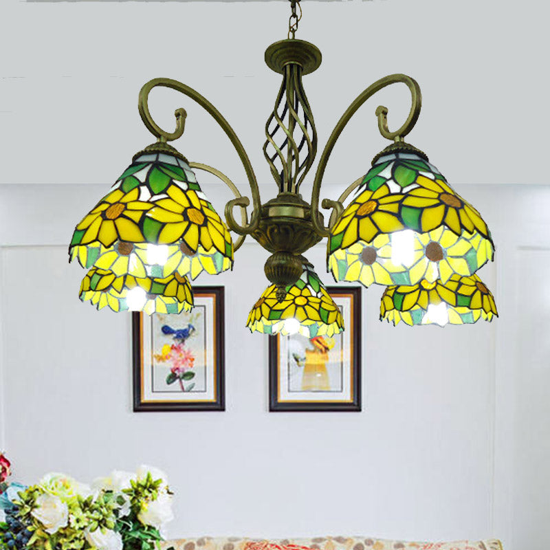 Mediterranean Scrolling Arm Chandelier Lamp: Hand Cut Glass 5 Lights Red/Yellow/Blue Ceiling Pendant