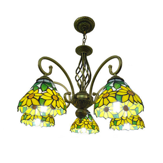 Mediterranean Glass Arm Chandelier Lamp - Hand Cut, Scrolling Design - 5-Light Red/Yellow/Blue Pendant