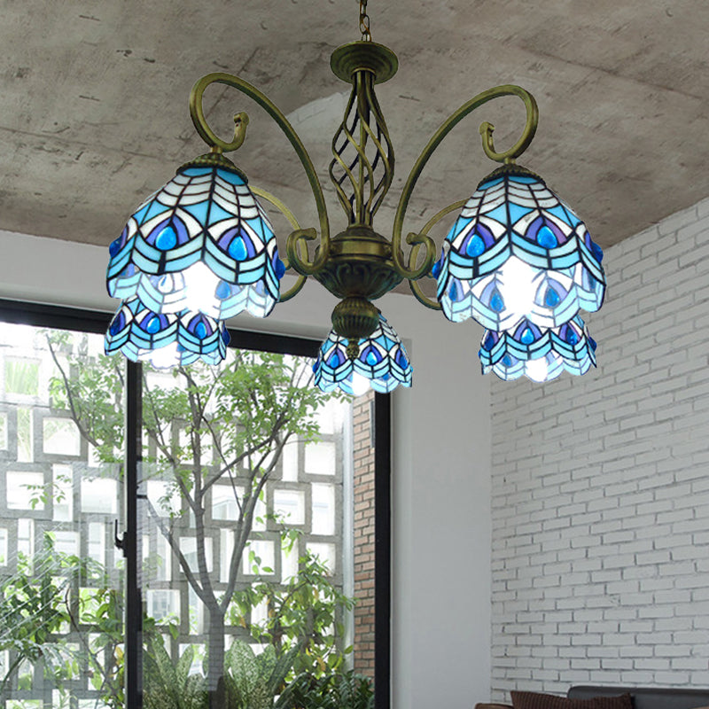 Mediterranean Glass Arm Chandelier Lamp - Hand Cut, Scrolling Design - 5-Light Red/Yellow/Blue Pendant