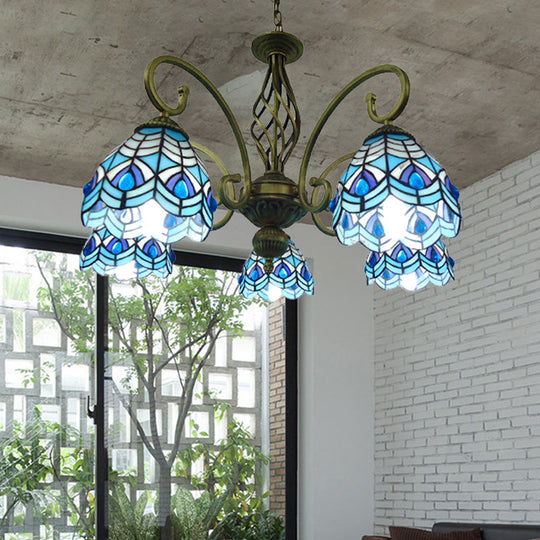 Mediterranean Glass Arm Chandelier Lamp - Hand Cut, Scrolling Design - 5-Light Red/Yellow/Blue Pendant