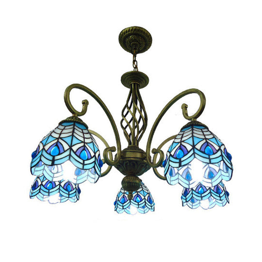 Mediterranean Glass Arm Chandelier Lamp - Hand Cut, Scrolling Design - 5-Light Red/Yellow/Blue Pendant