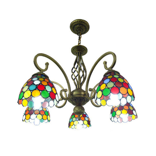 Mediterranean Glass Arm Chandelier Lamp - Hand Cut, Scrolling Design - 5-Light Red/Yellow/Blue Pendant