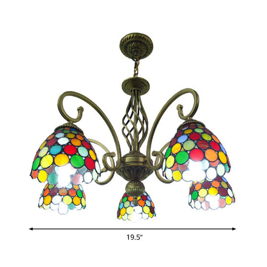 Mediterranean Glass Arm Chandelier Lamp - Hand Cut, Scrolling Design - 5-Light Red/Yellow/Blue Pendant