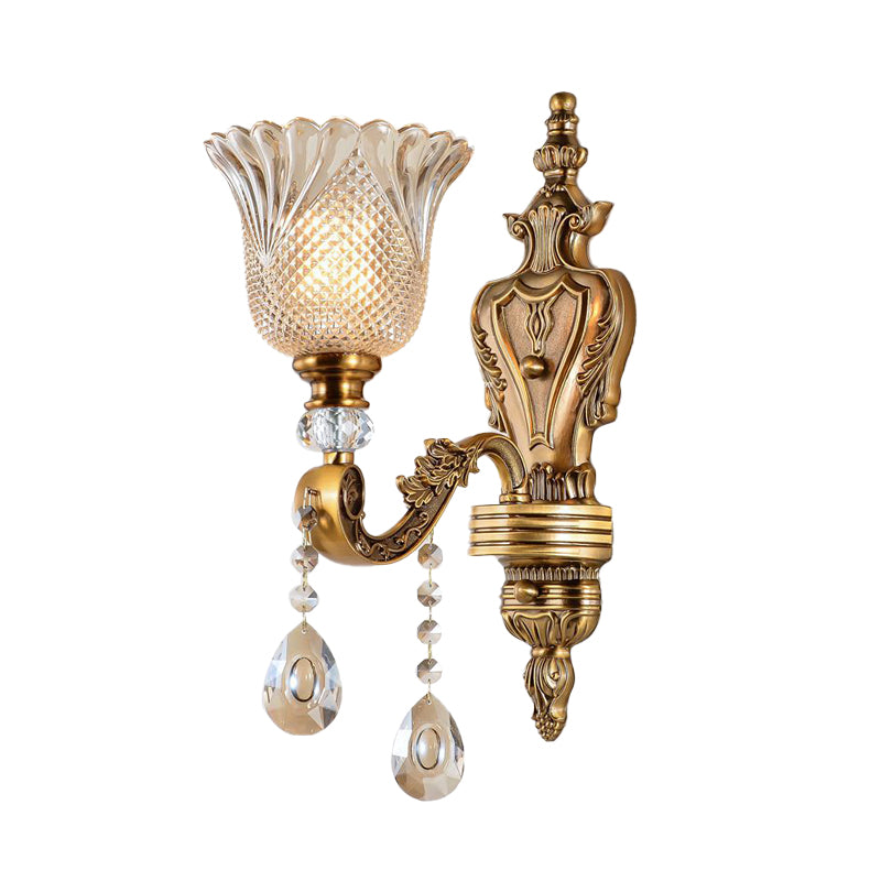 Vintage Brass Bell Wall Sconce With Beveled Crystal Head - Bedroom Light Fixture