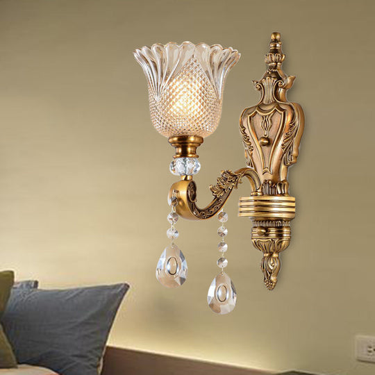 Vintage Brass Bell Wall Sconce With Beveled Crystal Head - Bedroom Light Fixture