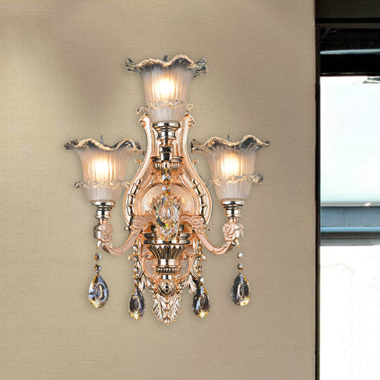 Frosted Glass Gold Wall Lamp: Traditionalist Floral Lighting Fixture For Restaurants With Crystal