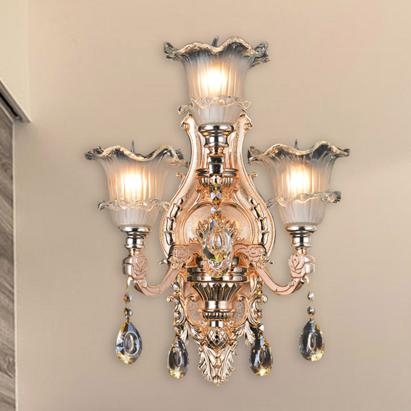 Frosted Glass Gold Wall Lamp: Traditionalist Floral Lighting Fixture For Restaurants With Crystal