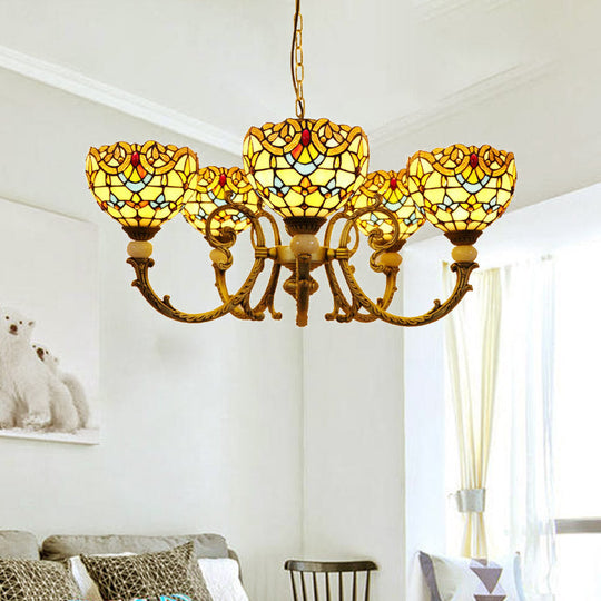 Mediterranean Stained Glass Dome Chandelier with 5 Orange and Blue Drop Pendants for Living Room Lighting