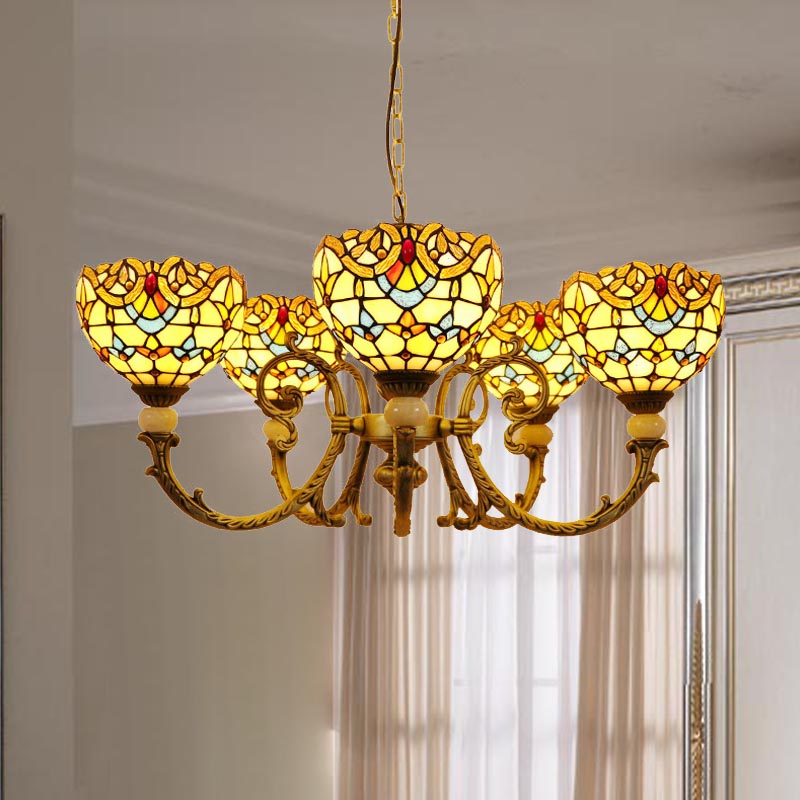 Mediterranean Stained Glass Dome Chandelier with 5 Orange and Blue Drop Pendants for Living Room Lighting