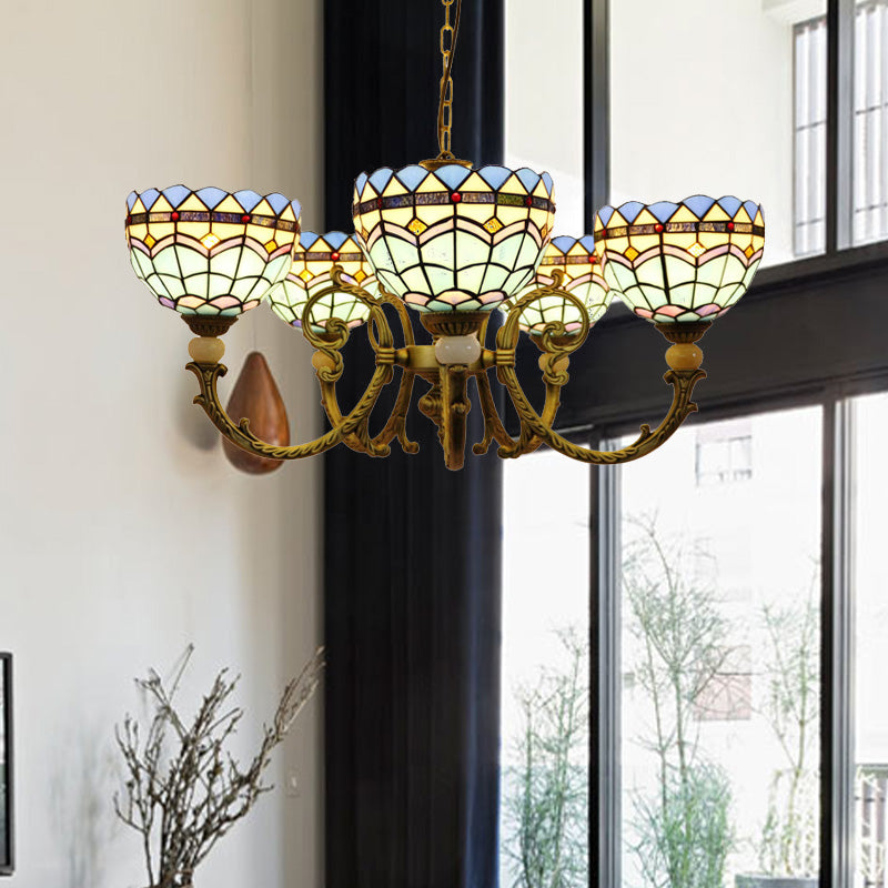 Mediterranean Dome Chandelier Lighting With Stained Glass Pendant - 5 Lights Orange/Blue Ideal For