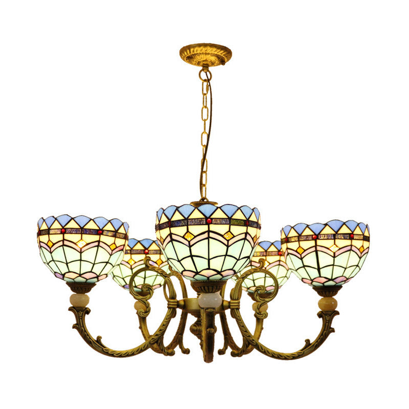 Mediterranean Stained Glass Dome Chandelier with 5 Orange and Blue Drop Pendants for Living Room Lighting