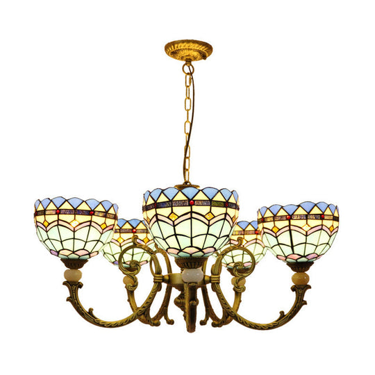 Mediterranean Stained Glass Dome Chandelier with 5 Orange and Blue Drop Pendants for Living Room Lighting