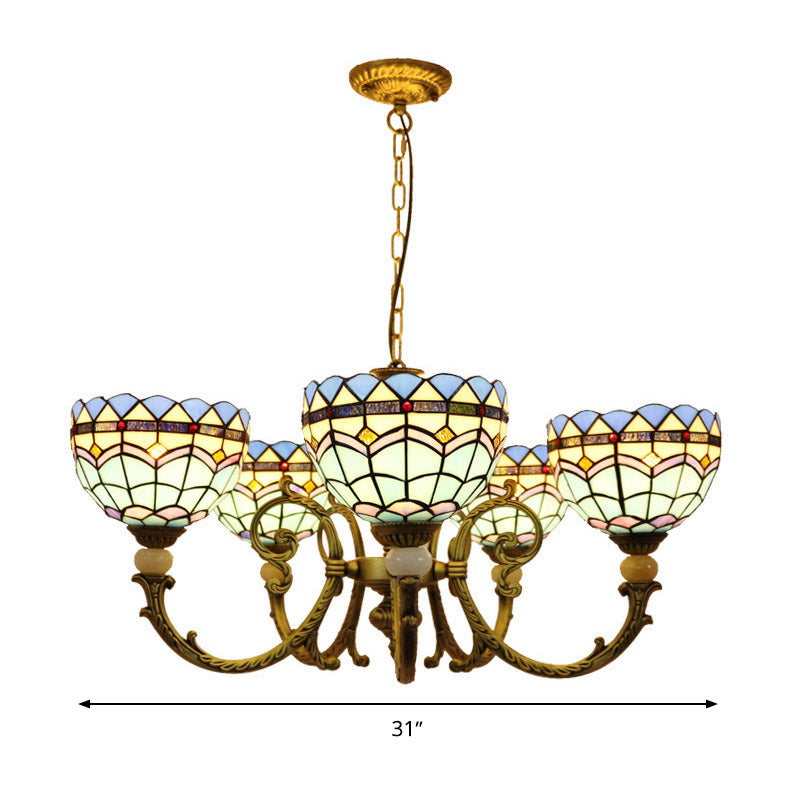 Mediterranean Stained Glass Dome Chandelier with 5 Orange and Blue Drop Pendants for Living Room Lighting