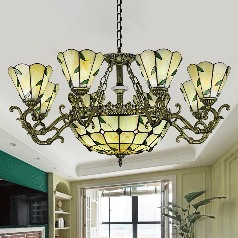 Beige Glass Green Chandelier: Leaf Design, 5/9/11 Lights, Baroque Style, Kitchen Lighting Fixture