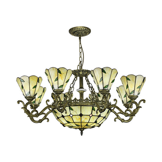 Baroque Suspension Chandelier With Beige Glass And Green Leaf Design - 5/9/11 Lights Ideal For