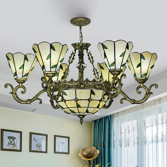 Beige Glass Green Chandelier: Leaf Design, 5/9/11 Lights, Baroque Style, Kitchen Lighting Fixture