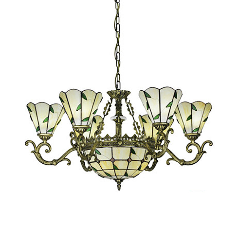 Baroque Suspension Chandelier With Beige Glass And Green Leaf Design - 5/9/11 Lights Ideal For