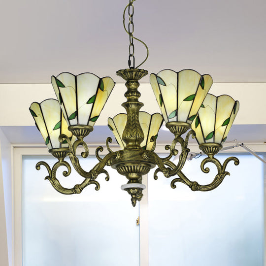 Baroque Suspension Chandelier With Beige Glass And Green Leaf Design - 5/9/11 Lights Ideal For