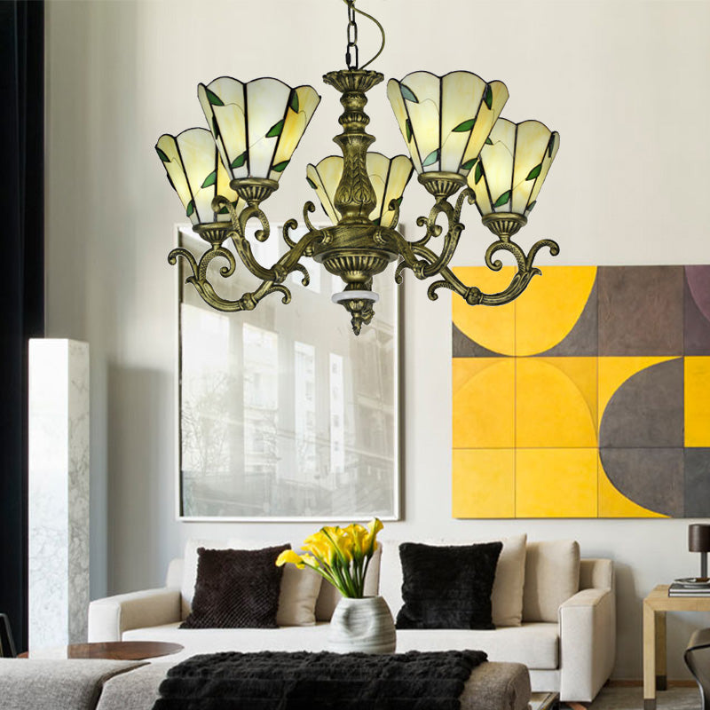 Baroque Suspension Chandelier With Beige Glass And Green Leaf Design - 5/9/11 Lights Ideal For