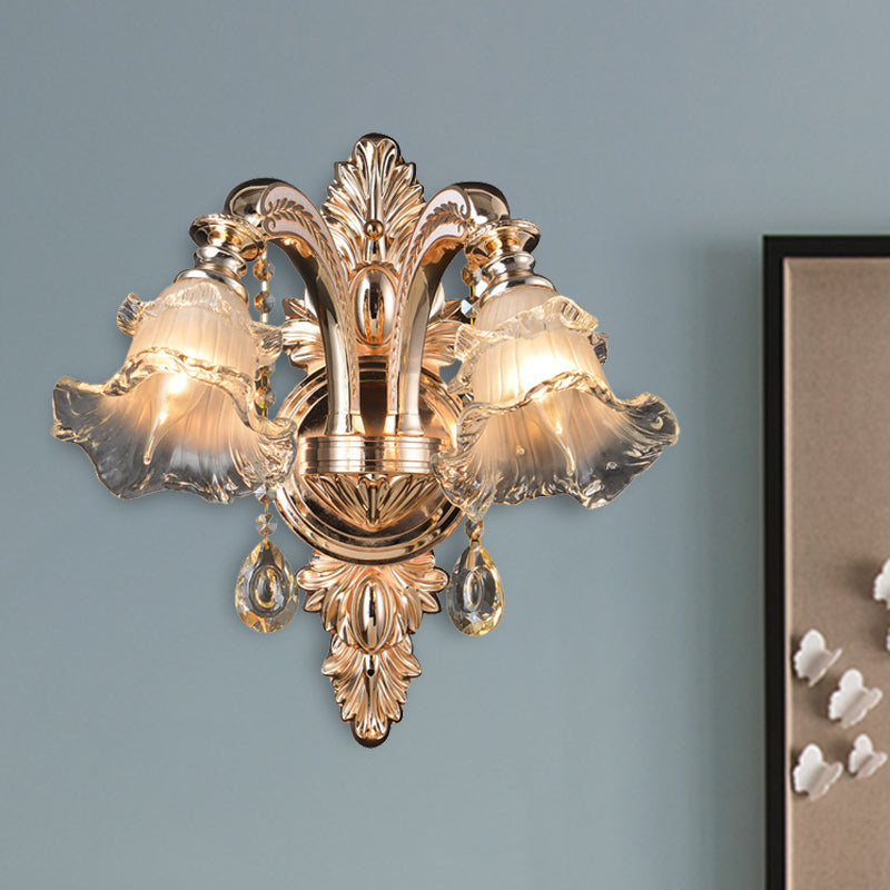 Traditional Gold Flower Crystal Sconce Elegant Wall Mounted Light For Living Room