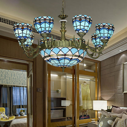 Victorian Blue Glass Chandelier: Curved Arm Suspension Lighting for Bedroom – 5/9/11 Lights