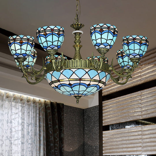 Victorian Blue Glass Chandelier: Curved Arm Suspension Lighting for Bedroom – 5/9/11 Lights