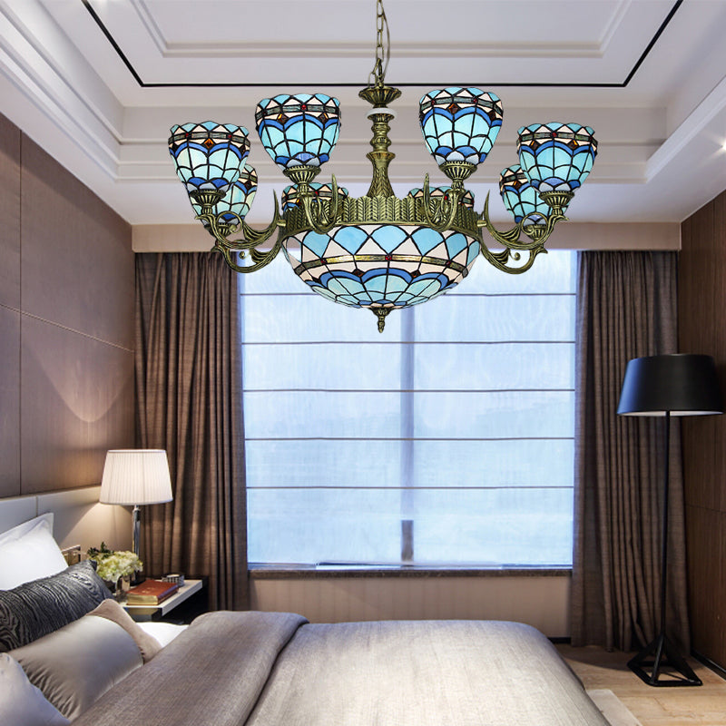 Victorian Blue Glass Chandelier: Curved Arm Suspension Lighting for Bedroom – 5/9/11 Lights