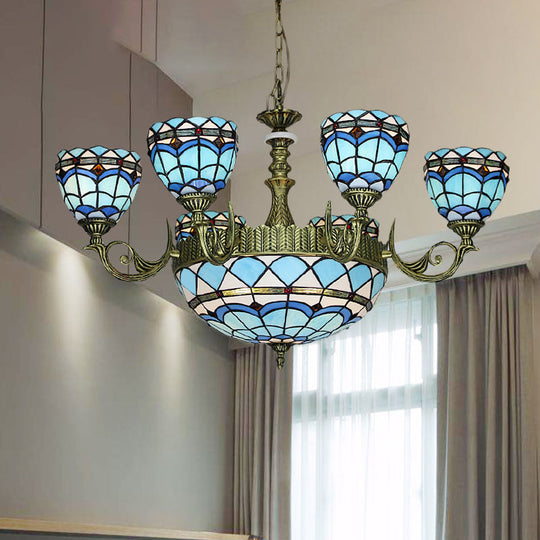 Victorian Blue Glass Chandelier: Curved Arm Suspension Lighting for Bedroom – 5/9/11 Lights