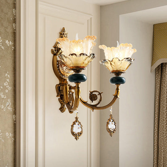 Traditional Floral Wall Mount Lamp With Crystal Accents - Gold Metal Sconce Lighting (1/2 Heads)