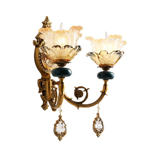 Traditional Floral Wall Mount Lamp With Crystal Accents - Gold Metal Sconce Lighting (1/2 Heads)