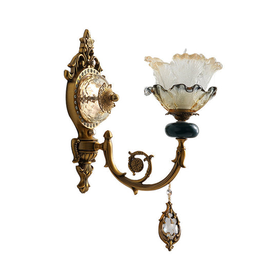 Traditional Floral Wall Mount Lamp With Crystal Accents - Gold Metal Sconce Lighting (1/2 Heads)