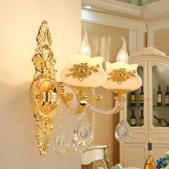 Traditional Wall Sconce With White Glass Shade In Gold For Living Room