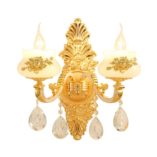 Traditional Wall Sconce With White Glass Shade In Gold For Living Room