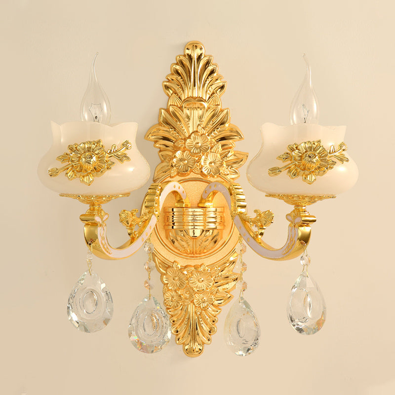 Traditional Wall Sconce With White Glass Shade In Gold For Living Room