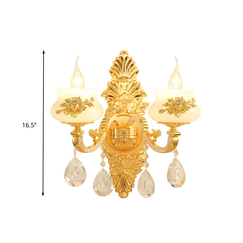 Traditional Wall Sconce With White Glass Shade In Gold For Living Room