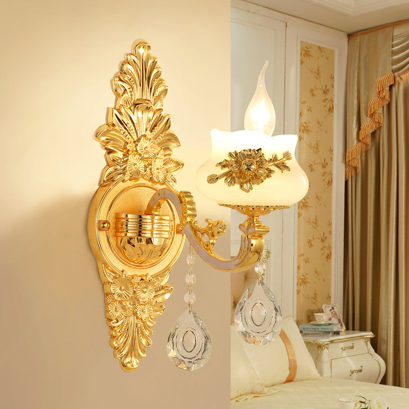 Traditional Wall Sconce With White Glass Shade In Gold For Living Room 1 /