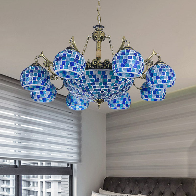 Mediterranean Stained Glass Globe Pendant Light with Blue Lights - Available in 5, 9, or 11