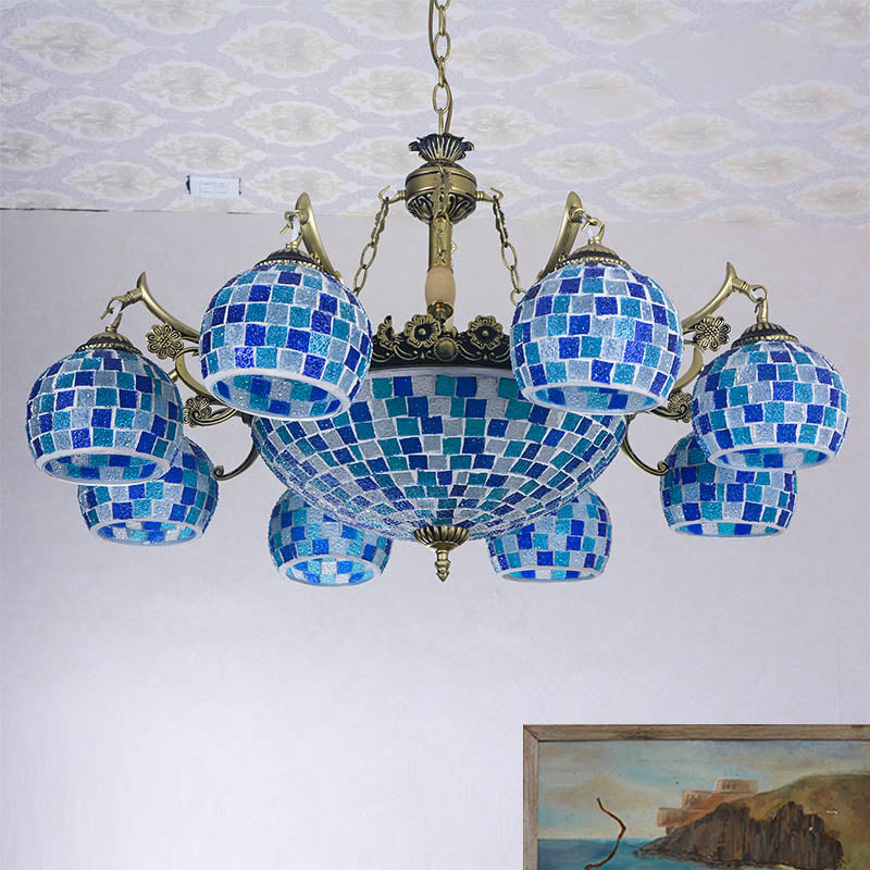 Mediterranean Stained Glass Globe Pendant Light with Blue Lights - Available in 5, 9, or 11